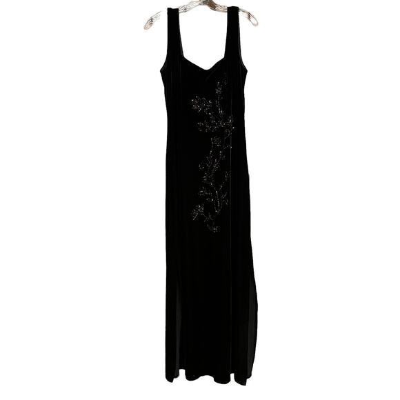 Vintage Womens Dress 12 Black Velvet Jeffrey Dara Long Evening Beaded Side Slits - Picture 1 of 11